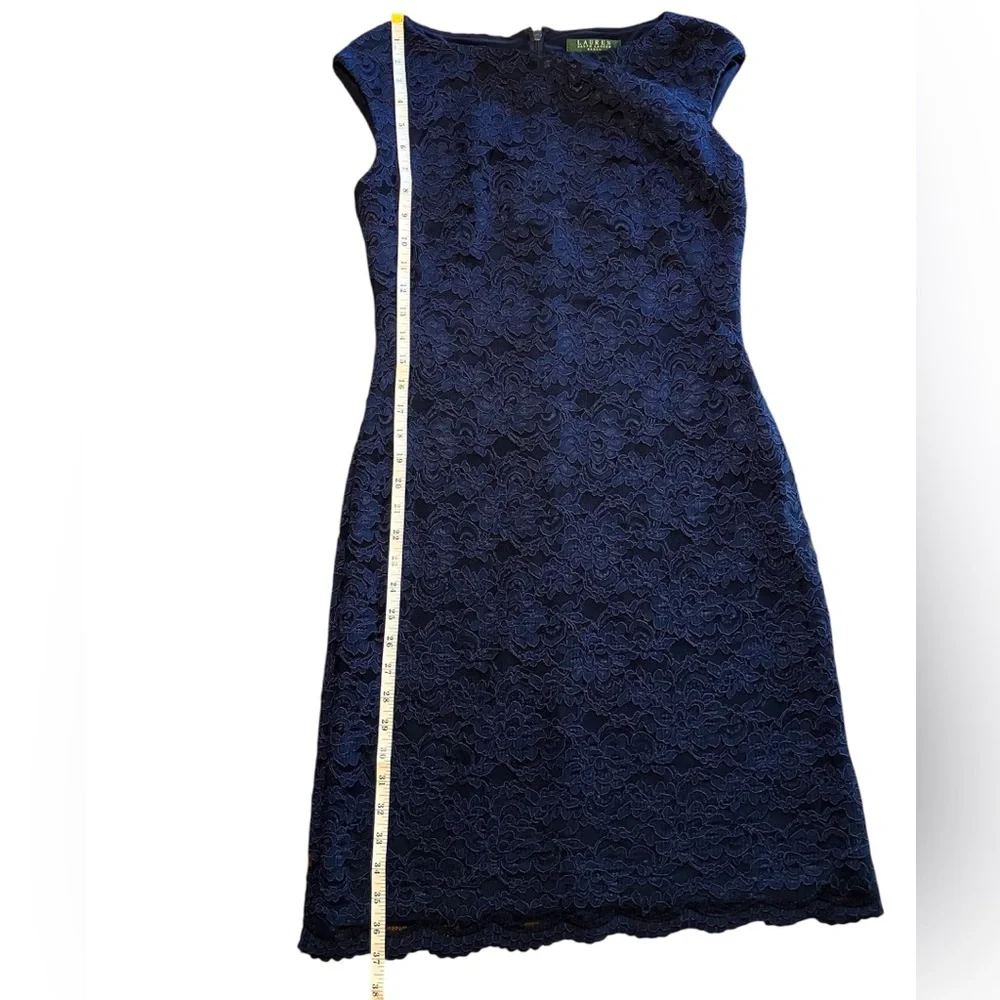 EUC LAUREN RALPH LAUREN Navy Lace Overlay Cap Sleeve Midi Sheath Dress Size 4 - Picture 9 of 14